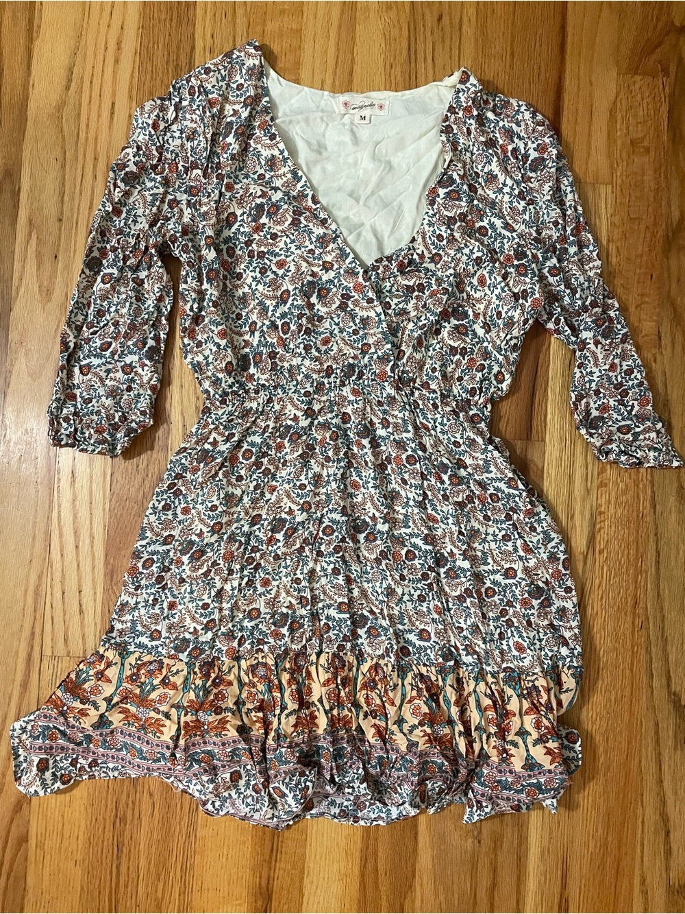 Boho Floral V-Neck Smocked Mini Dress in Cream and Brown